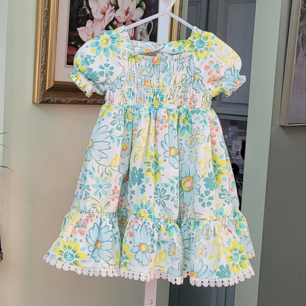 Joie Linen Blend Baby Doll Floral Dress in Green and Yellow Size 18 months
